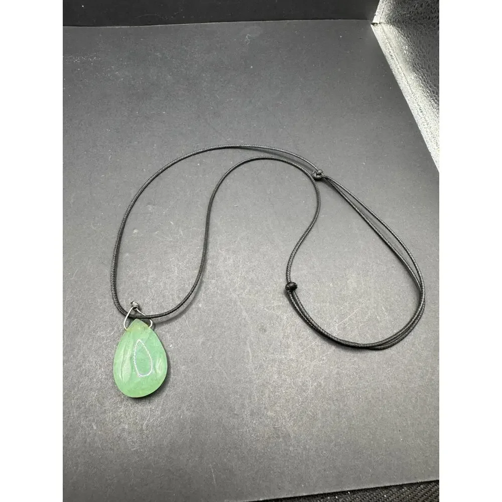 Vintage Silver Tone Green Jade Teardrop Pendant Black Cord Necklace